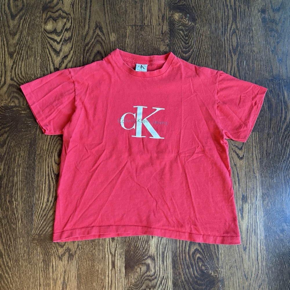 Vintage 90s Calvin Klein Jeans Red Graphic Tee Made in USA Mens Medium Grunge